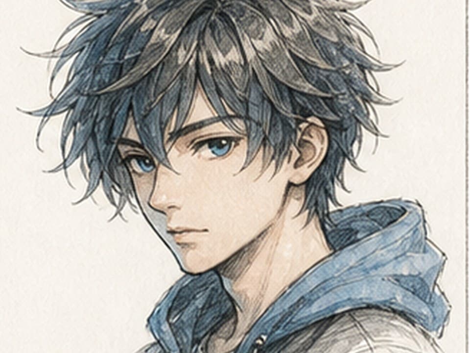 Watercolor-and-ink reference of a serious young anime character in three-quarter view with tousled dark blue hair, blue eyes, pale face, and layered blue hoodie collar