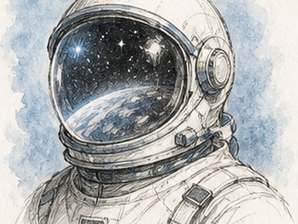Graphite-and-blue-wash reference of a white astronaut helmet and upper suit with large glossy black visor reflecting Earth, stars, and bright highlights, plus side controls and shoulder straps