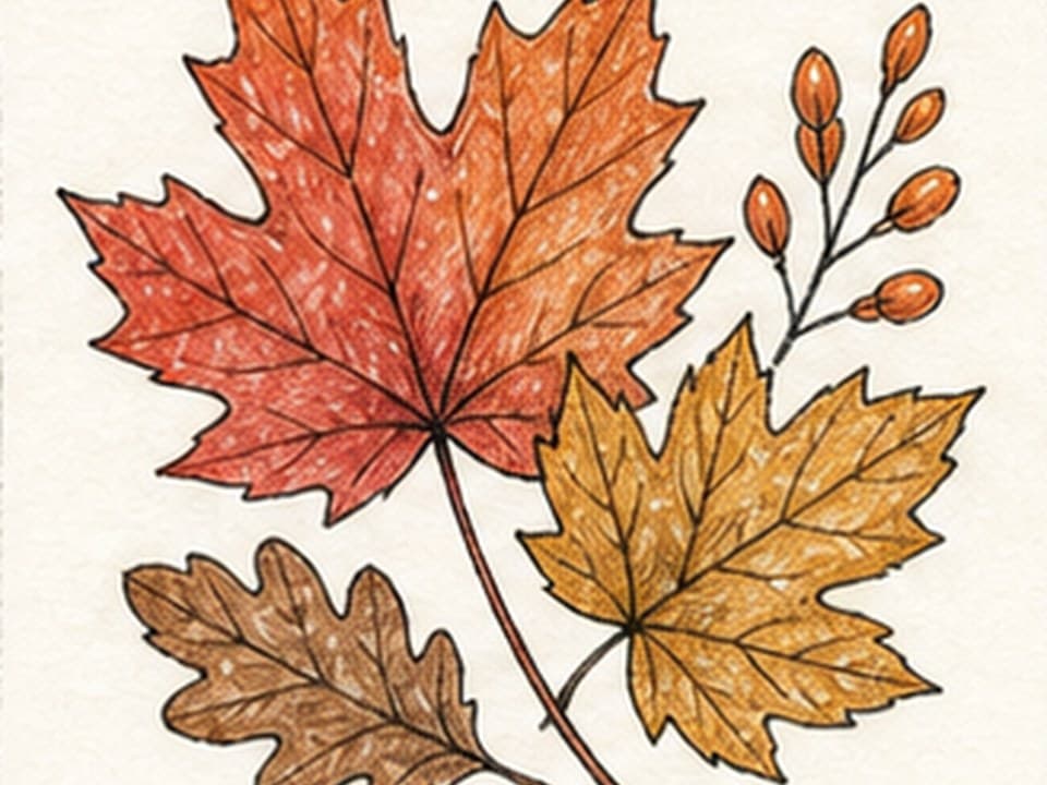 Colored-pencil reference of a loose cluster of red maple, yellow maple, and brown oak leaves with visible branching veins, curved stems, and a small orange-berry twig