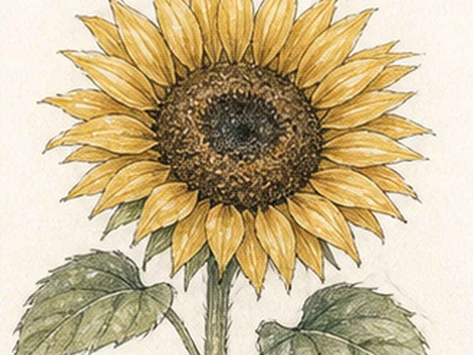 Colored-pencil reference of a front-facing golden sunflower with dense brown seed disk, two staggered petal rings, sturdy stem, and broad veined leaves