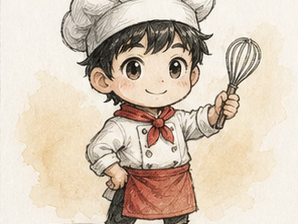 Cute watercolor reference of a chibi child chef standing frontally with oversized white toque, round dark eyes, whisk held upright, white jacket, red neckerchief, apron, and black shoes