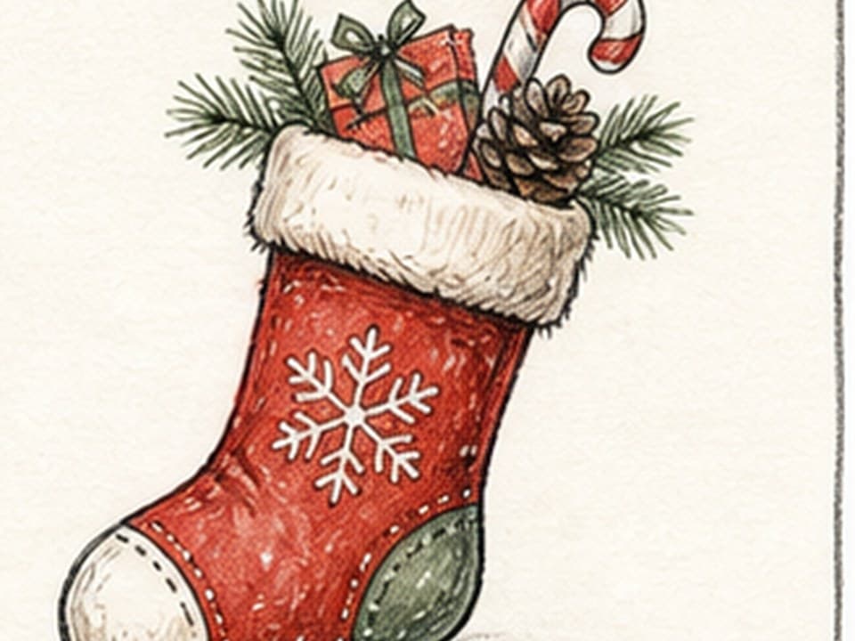 Colored-pencil reference of a red Christmas stocking with white furry cuff, stitched cream toe and green heel, snowflake motif, and layered pine sprigs, pinecone, wrapped gift, and candy cane
