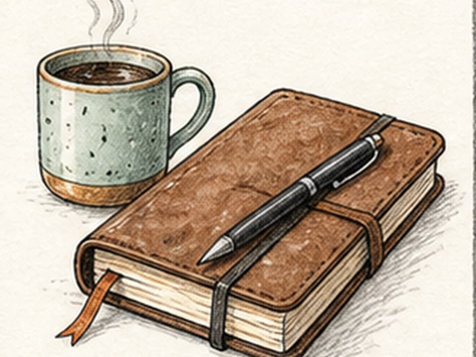 Warm colored-pencil reference of a pale green steaming coffee mug beside a closed brown leather journal with rounded corners, black elastic strap, ribbon bookmark, cream page block, and black pen resting diagonally