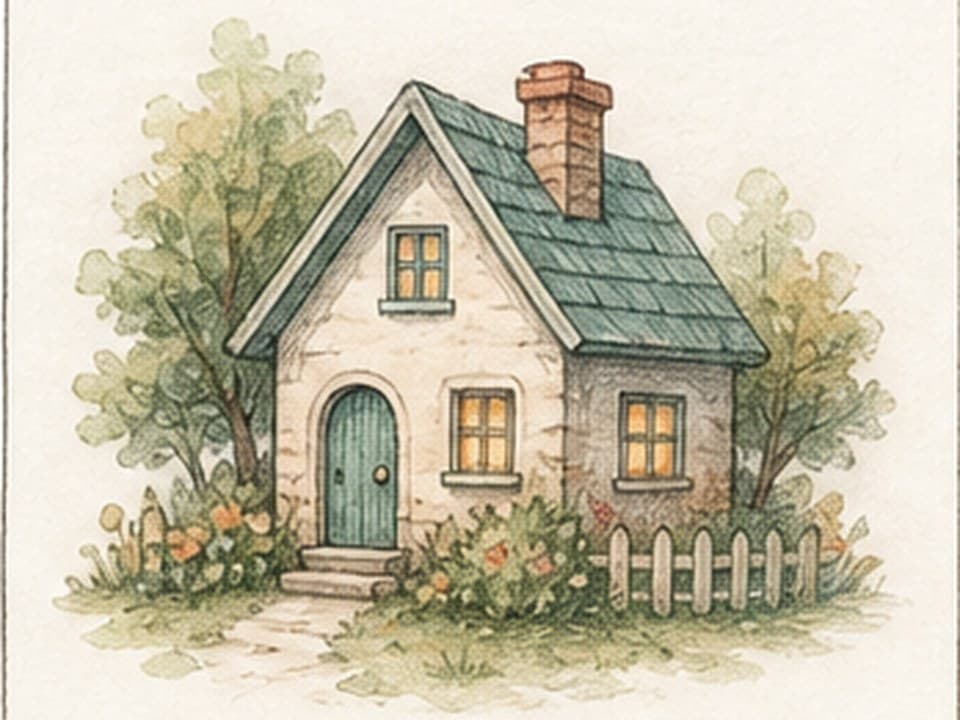 Watercolor reference of a small cream cottage with green roof and door, brick chimney, four windows, garden, path, trees, and picket fence