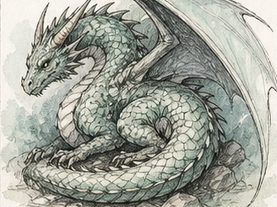 Detailed green watercolor reference of a horned dragon curled on rocks with long scaled tail, folded legs, pale segmented belly, spiked head, and one large translucent bat-like wing