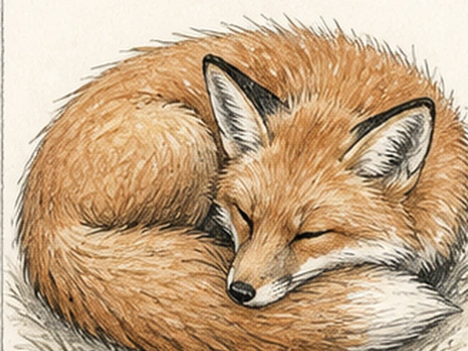 Colored-pencil reference of a red fox asleep in a tight curl with pointed ears, dark legs, white muzzle and chest, and a large white-tipped tail wrapped forward