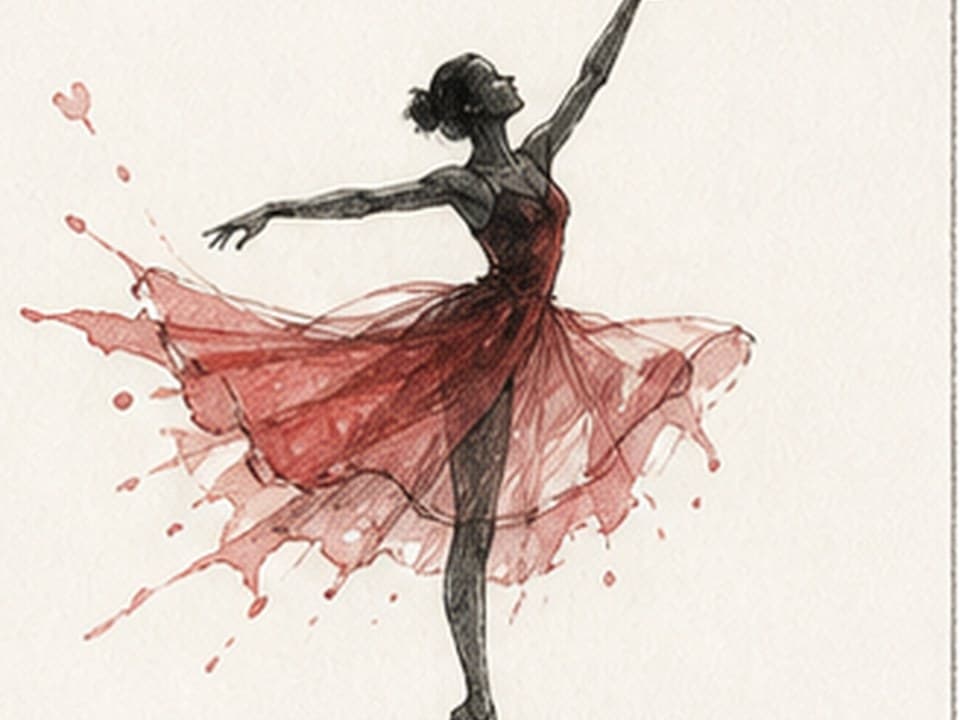 Ink-and-red-wash reference of a ballerina balanced on one pointe with dark fitted bodice, extended arms, lifted chin, bun, and a wide translucent red skirt splashing into angular folds