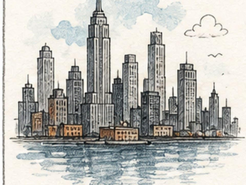 Ink-and-blue-wash reference of a waterfront city skyline with one very tall stepped skyscraper, clustered towers, rooftop antennas, small windows, clouds, birds, and horizontal water reflections