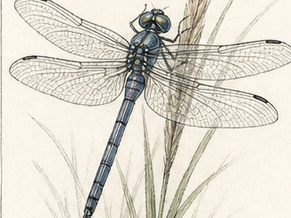 Detailed graphite reference of a blue-black dragonfly clinging to grass, with long segmented abdomen, bulbous eyes, six thin legs, and four transparent veined wings