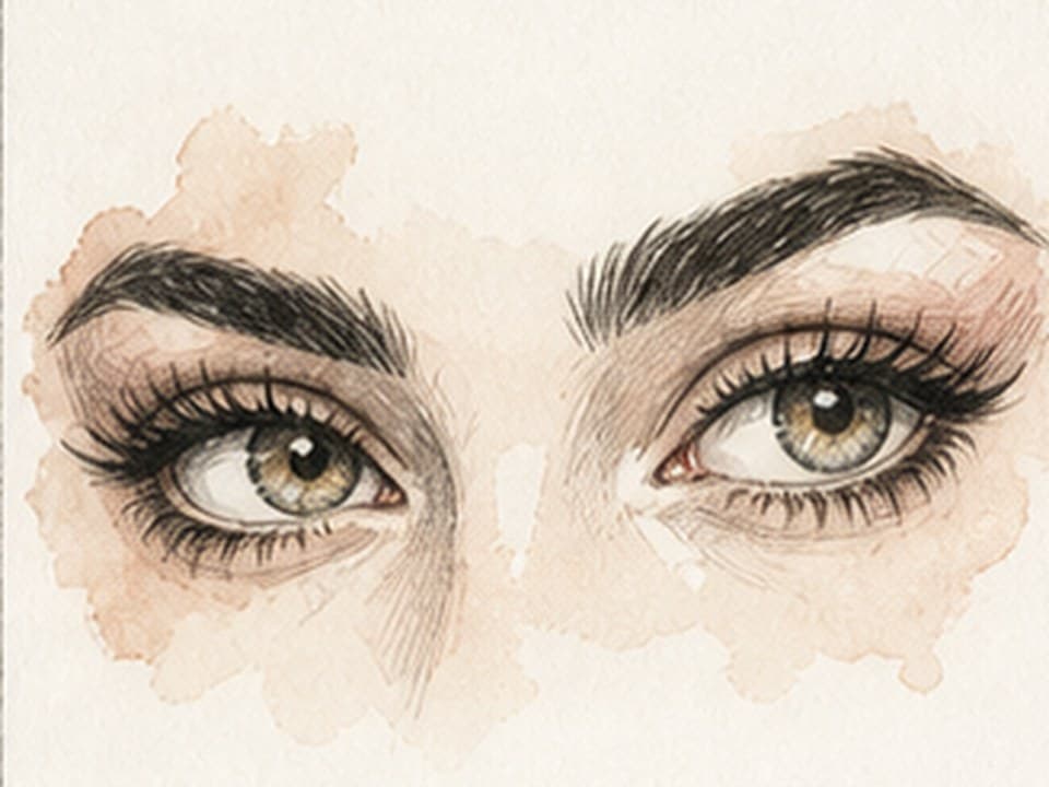 Graphite-and-warm-wash reference of two realistic forward-looking hazel eyes with dark brows, layered lashes, bright catchlights, eyelid folds, and nose-bridge shadows