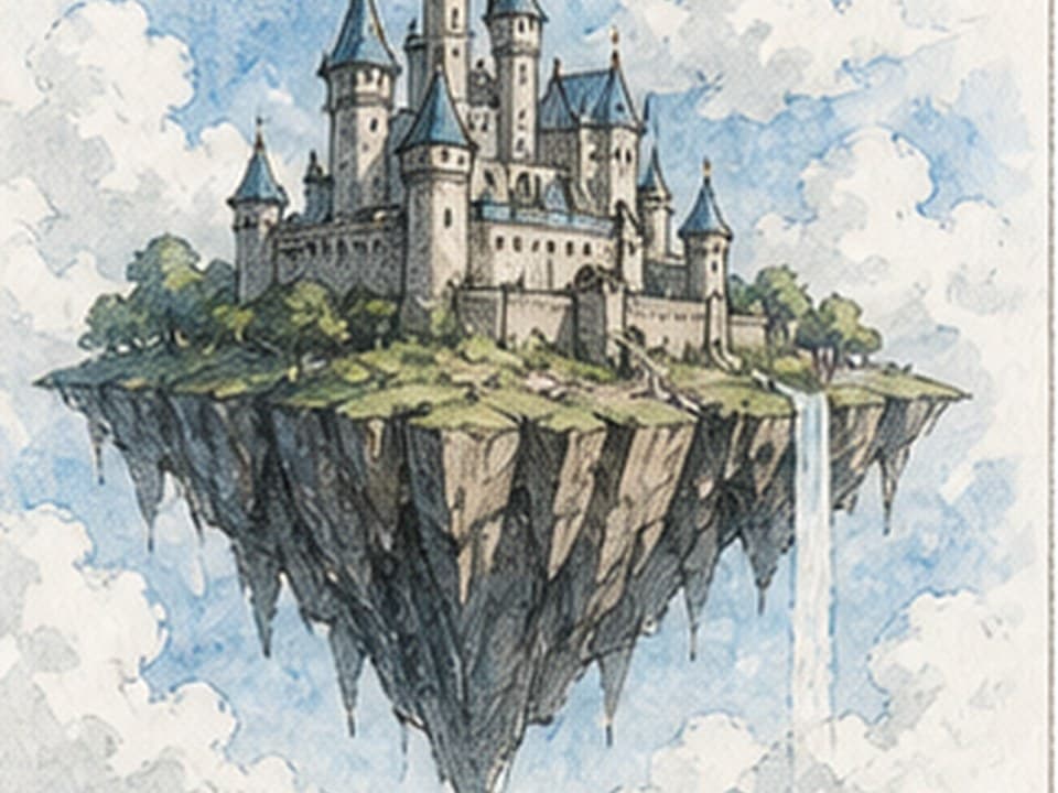 Blue watercolor fantasy reference of a many-towered stone castle on a grassy floating island with jagged rock underside, hanging waterfall, drifting clouds, and distant sky