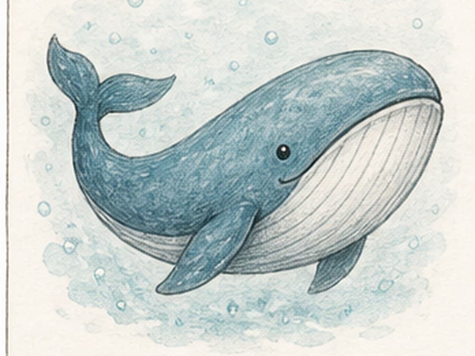 Blue watercolor reference of a smiling whale swimming left with rounded forehead, pale grooved belly, two flippers, raised tail, and bubbles