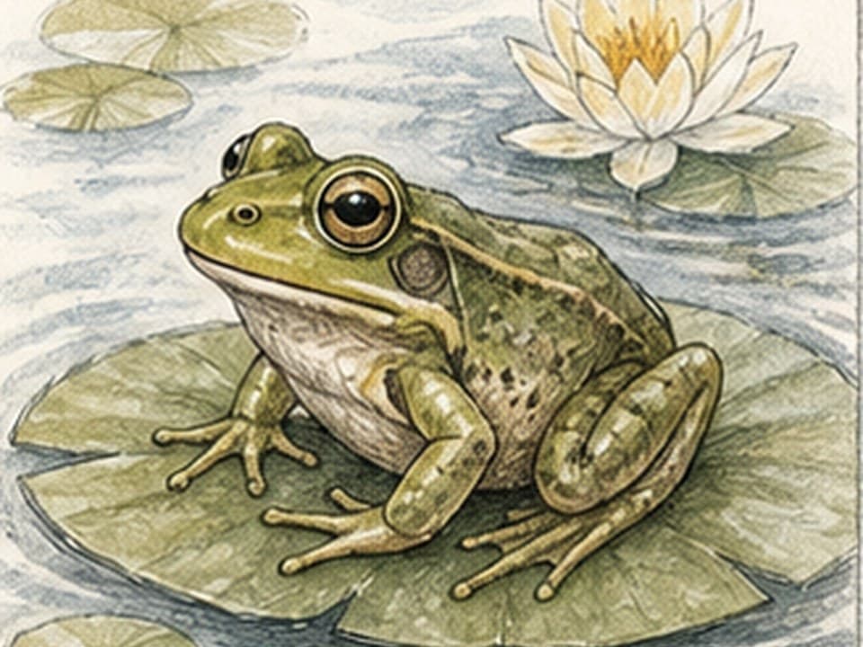 Watercolor reference of a green frog facing left on a large lily pad, with bright round eye, folded hind legs, splayed toes, surrounding pads, and white water lily