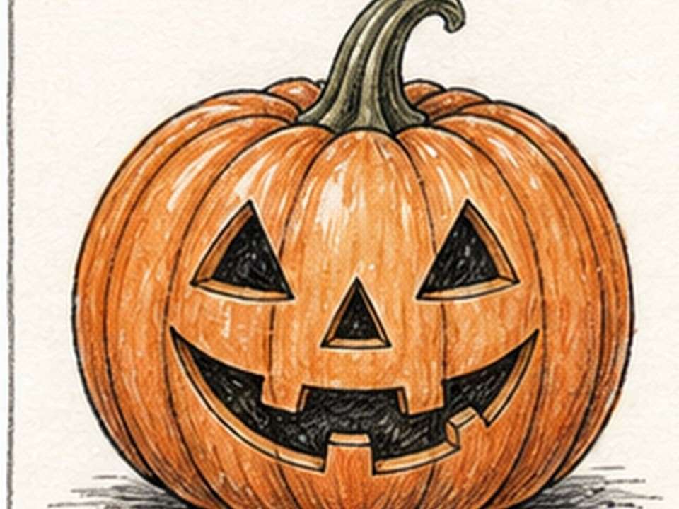 Orange colored-pencil reference of a round jack-o'-lantern with ribbed pumpkin body, tall curled green-brown stem, triangular eyes and nose, wide toothy carved grin, and ground shadow