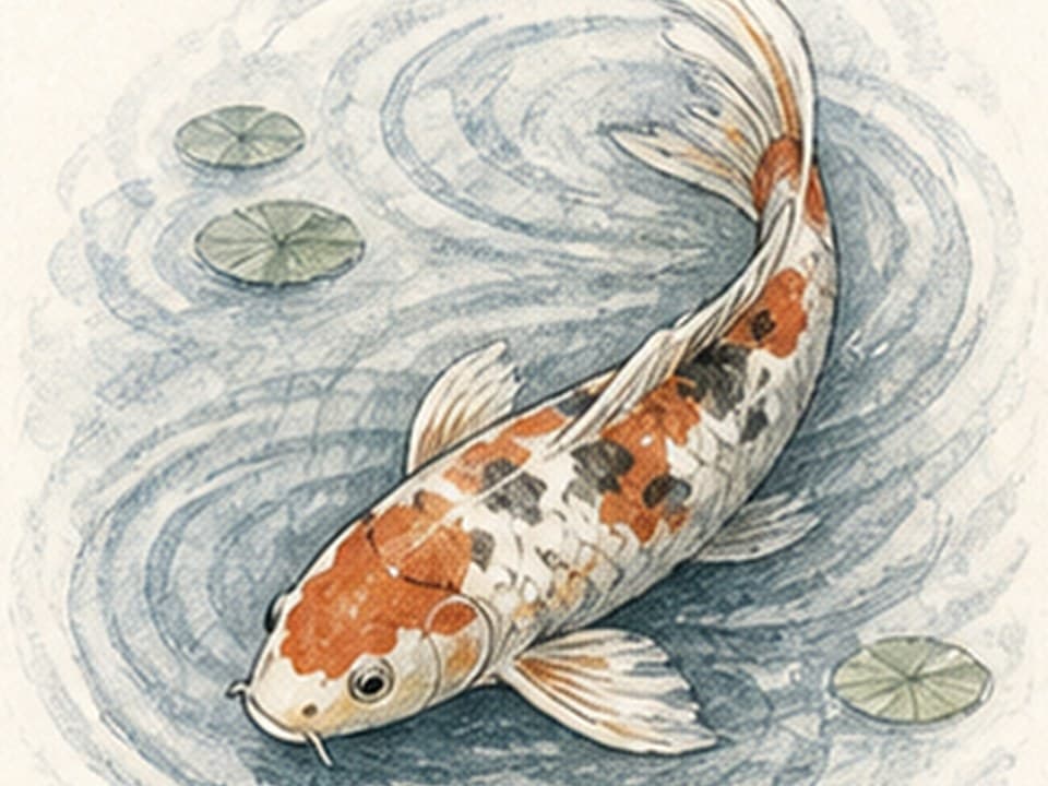 Watercolor reference of an orange, black, and white koi curving diagonally through pale blue circular ripples with translucent fins and scattered lily pads