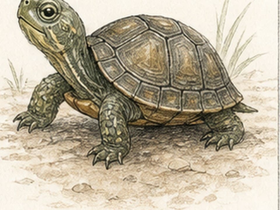 Graphite-and-watercolor reference of a small turtle walking right with raised head, domed brown segmented shell, sturdy scaled legs, long claws, and ground grasses