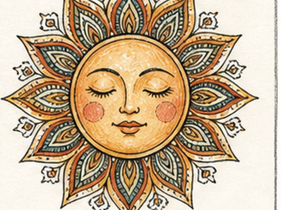 Orange, teal, and black ink reference of a calm golden sun face with closed eyes and rosy cheeks, surrounded by two radial rings of pointed mandala rays, teardrops, dots, and small diamond ornaments