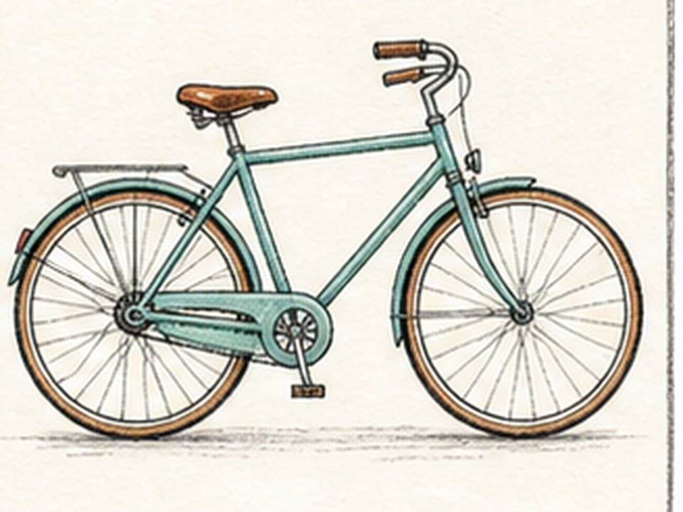 Clean ink-and-watercolor reference of a teal step-through bicycle in side view with two thin spoked wheels, brown saddle, frame triangle, chain guard, pedals, rear rack, and curved handlebars