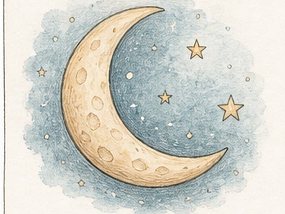 Soft watercolor reference of a warm cream crescent moon with crater marks surrounded by gold stars on a mottled blue night wash