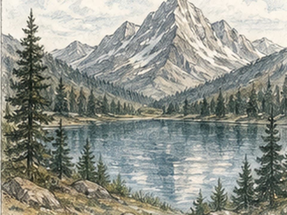 Blue-and-graphite landscape reference of a sharp mountain peak above a calm lake, framed by dark foreground conifers, rocky slopes, clouds, and broken reflections
