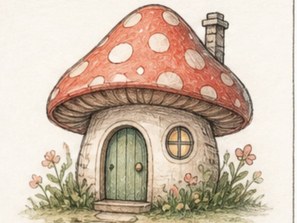 Storybook watercolor reference of a cream round cottage beneath a red spotted mushroom cap, with green door, chimney, path, and flowers
