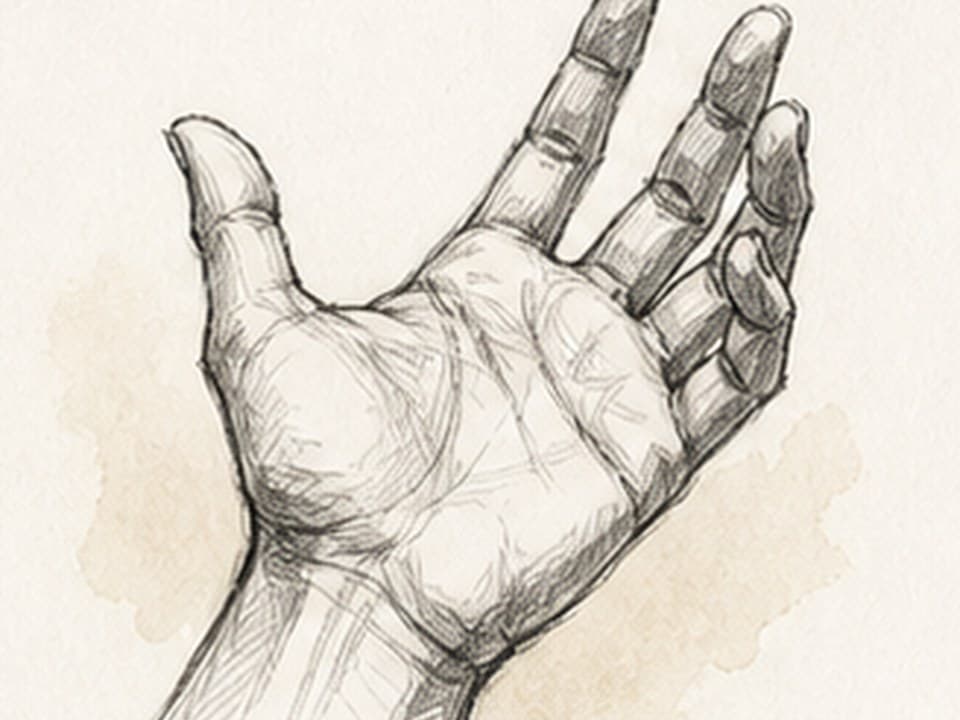 Graphite reference of an open right palm angled toward the viewer with spread thumb, four raised fingers, bent joints, palm creases, wrist tendons, and warm wash behind
