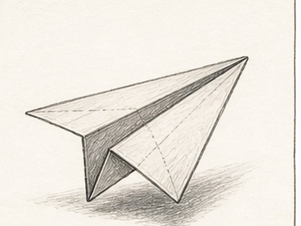Graphite reference of a folded paper airplane in three-quarter view with a pointed nose, overlapping wings, dark inner fold, and cast shadow