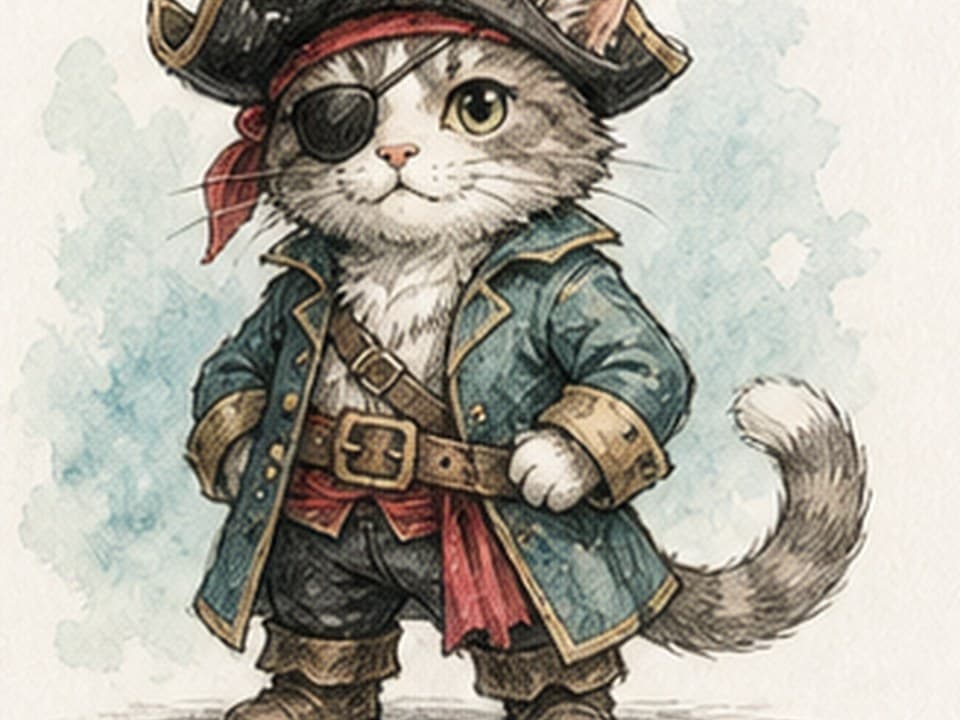 Watercolor reference of a standing grey-and-white cat dressed as a pirate with black tricorn hat, red bandana, eye patch, teal coat, belts, boots, and curved fluffy tail