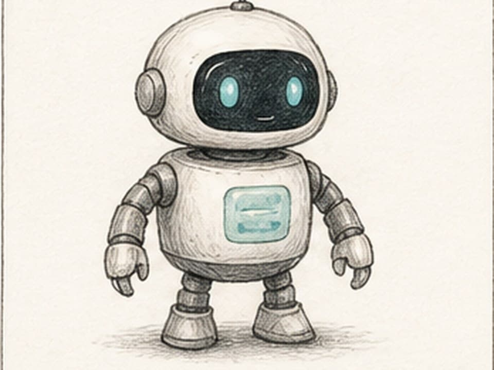 Pencil-and-watercolor reference of a small white rounded robot with black screen face, cyan glowing eyes, antenna, segmented arms, and boot-like feet