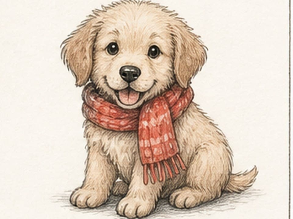 Pencil-and-watercolor reference of a seated cream puppy with floppy ears, dark round eyes, red knitted scarf, visible paws, and wagging tail