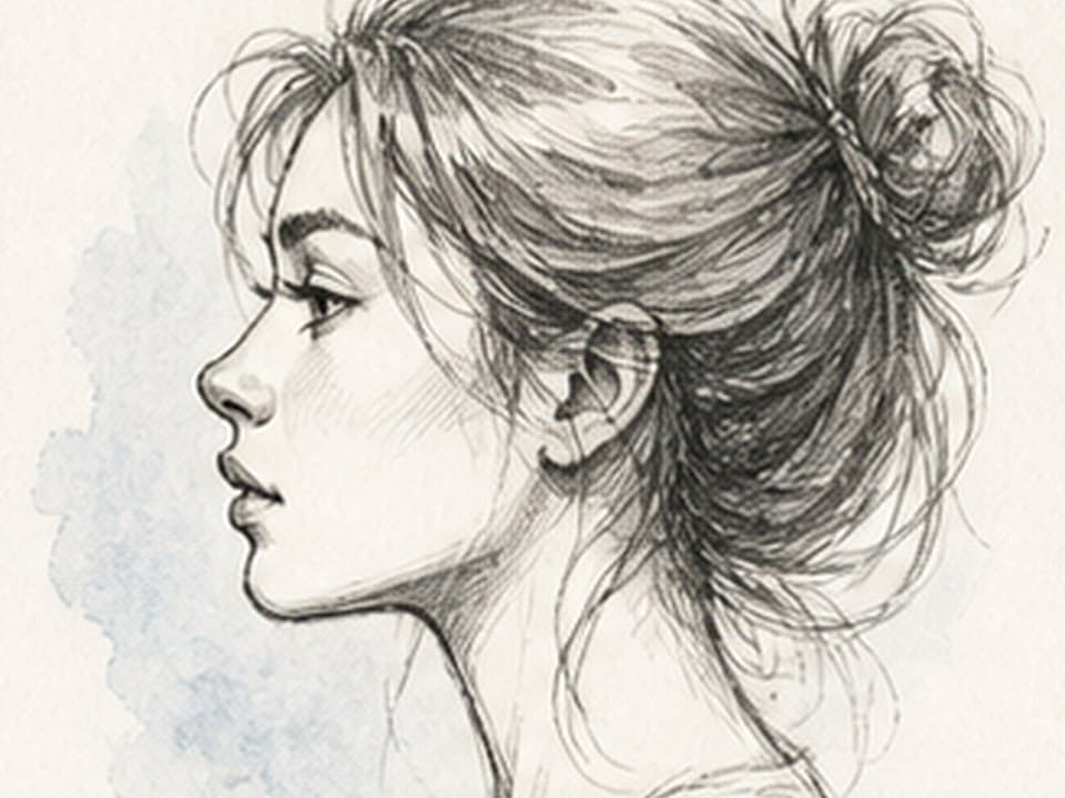 Graphite-and-light-wash reference of a young woman in left-facing profile with forehead-to-chin contour, visible eye and lips, ear, long neck, and hair swept into a loose bun
