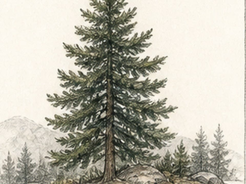 Graphite-and-green-pencil reference of a tall natural pine with narrow crown, irregular layered branches, visible trunk base, rocks, distant conifers, and faint mountains