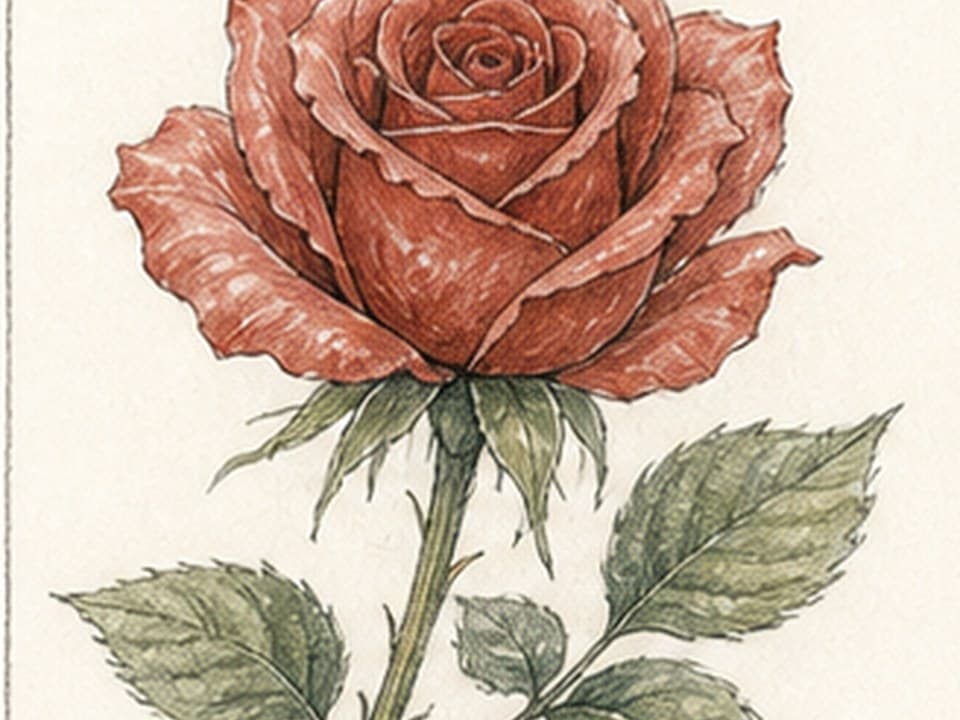 Colored-pencil reference of a single red rose bloom on a curved green stem with pointed sepals, thorn, and three serrated leaves