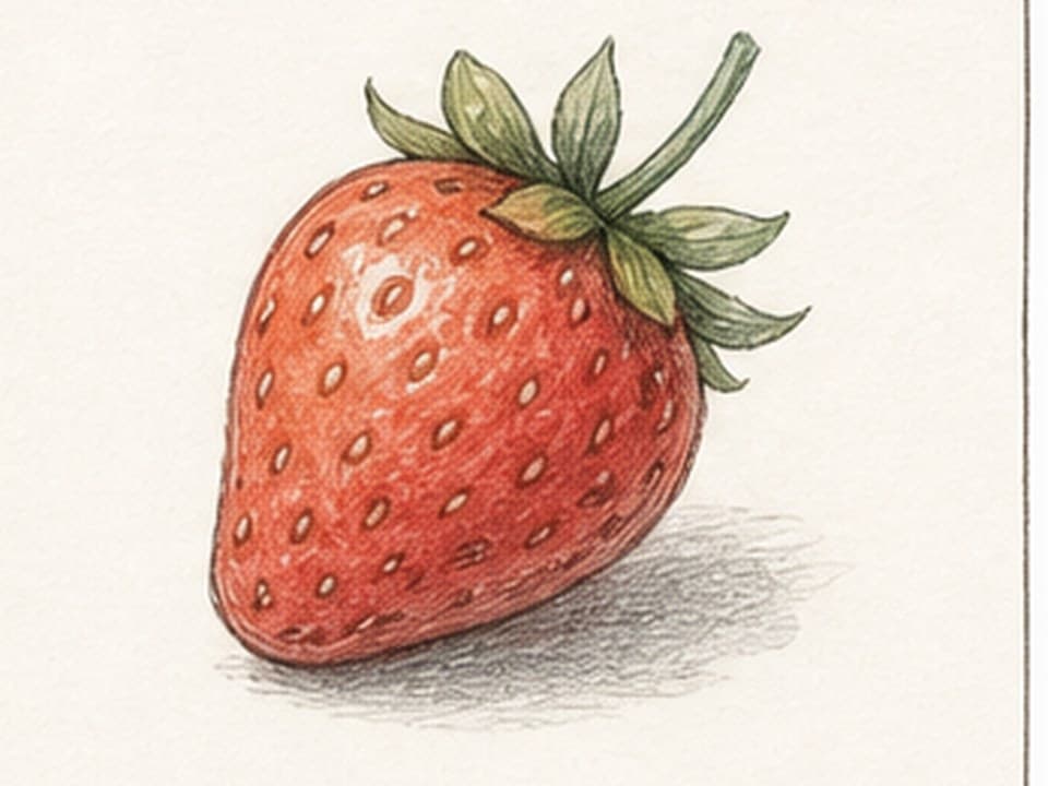 Colored-pencil reference of a single red strawberry tilted right, with glossy highlights, curved seed rows, green leafy calyx, and soft cast shadow