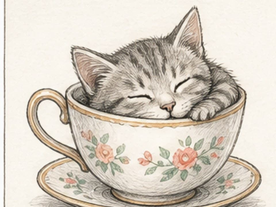 Pencil-and-watercolor reference of a grey tabby kitten asleep inside a floral teacup on a matching saucer