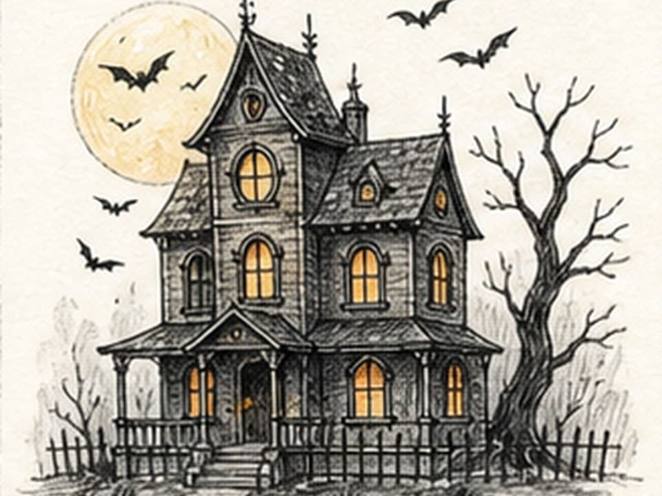 Ink-and-watercolor reference of a tall crooked Victorian haunted house with glowing yellow windows, steep roofs, front porch, iron fence, leafless tree, full moon, and flying bats