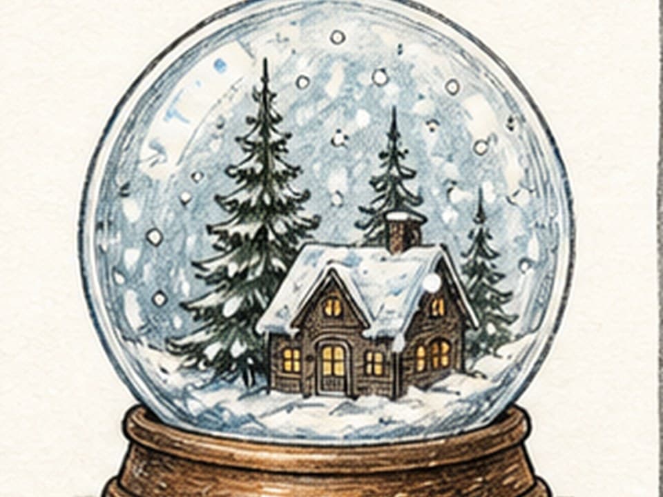 Watercolor reference of a glass snow globe on a brown stepped base containing a tiny lit cottage, snow-covered firs, blue night sky, falling snow, and white glass highlights