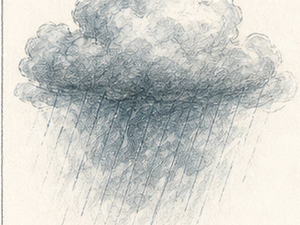 Loose blue-pencil reference of a low layered storm cloud with dark underside, lighter billowing top, and a diagonal curtain of rain