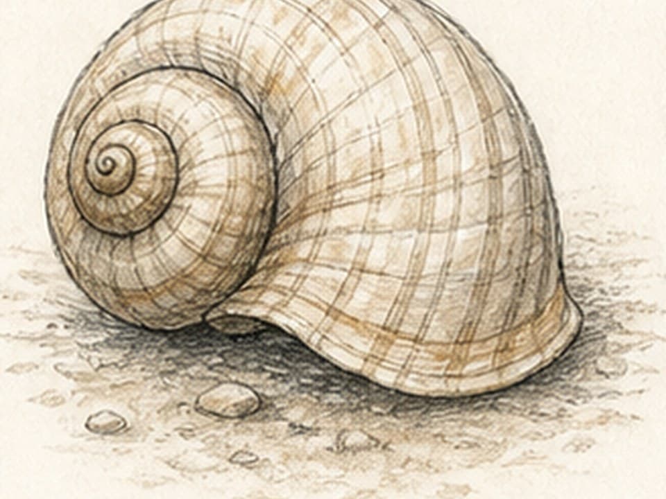 Warm graphite reference of a large rounded seashell resting on pebbles, with tight left-side spiral, expanding curved ribs, crosshatched growth lines, and ground shadow