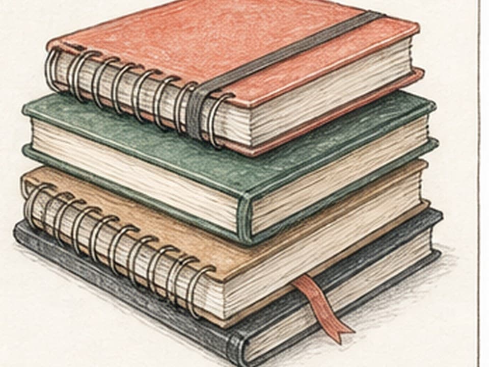 Colored-pencil reference of four offset sketchbooks stacked at slight angles with red, green, tan, and dark covers, two spiral bindings, page edges, and ribbon bookmark