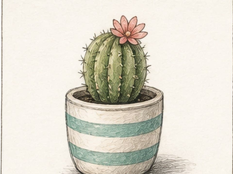 Pencil-and-watercolor reference of a round ribbed cactus with a pink flower in a cream pot painted with teal stripes