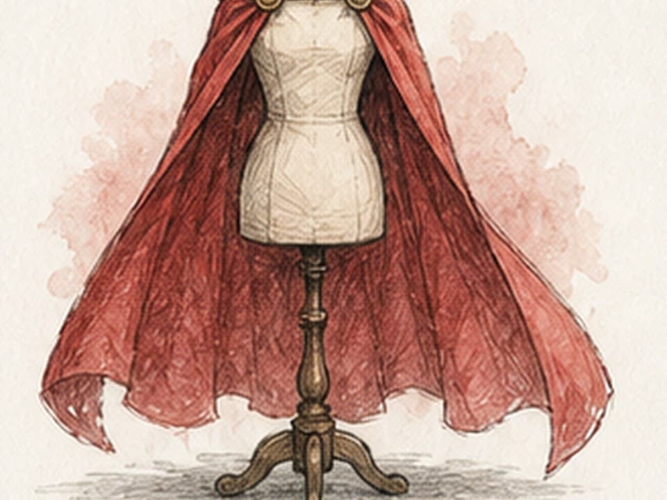 Watercolor reference of a deep red superhero cape draped over a tailor's mannequin, fastened by two gold clasps with a high collar, broad shoulders, central folds, and flared hem