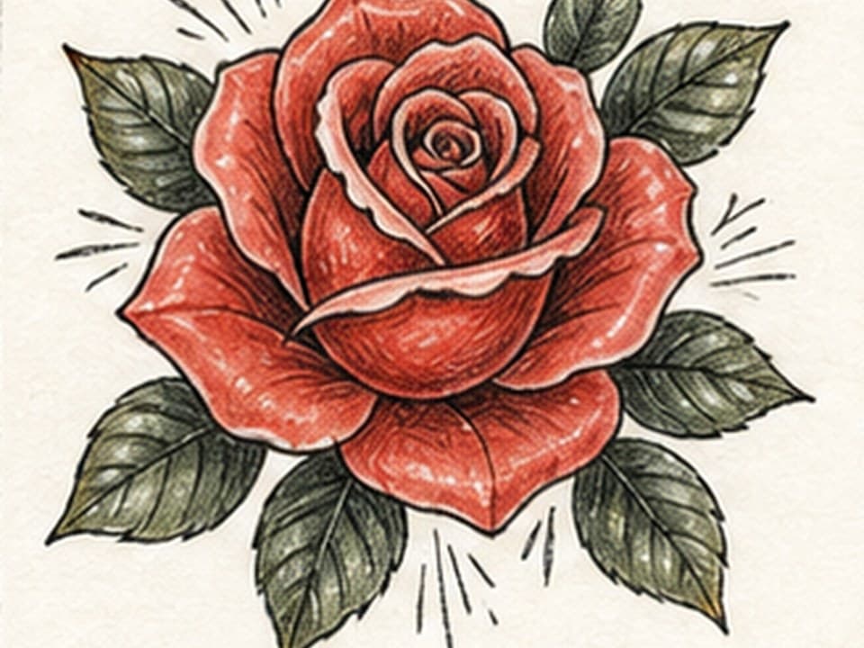 Bold red-and-black tattoo-flash reference of a fully open rose with tight spiral center, broad folded petals, five dark green leaves, and short black radiating accent lines