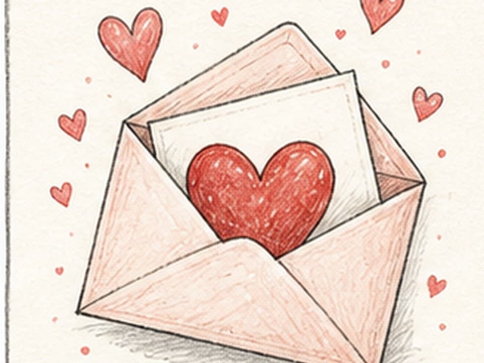 Pink-and-red colored-pencil reference of an open blush envelope with folded triangular flaps, a white card bearing a large red heart, a second pink card behind it, and small floating hearts