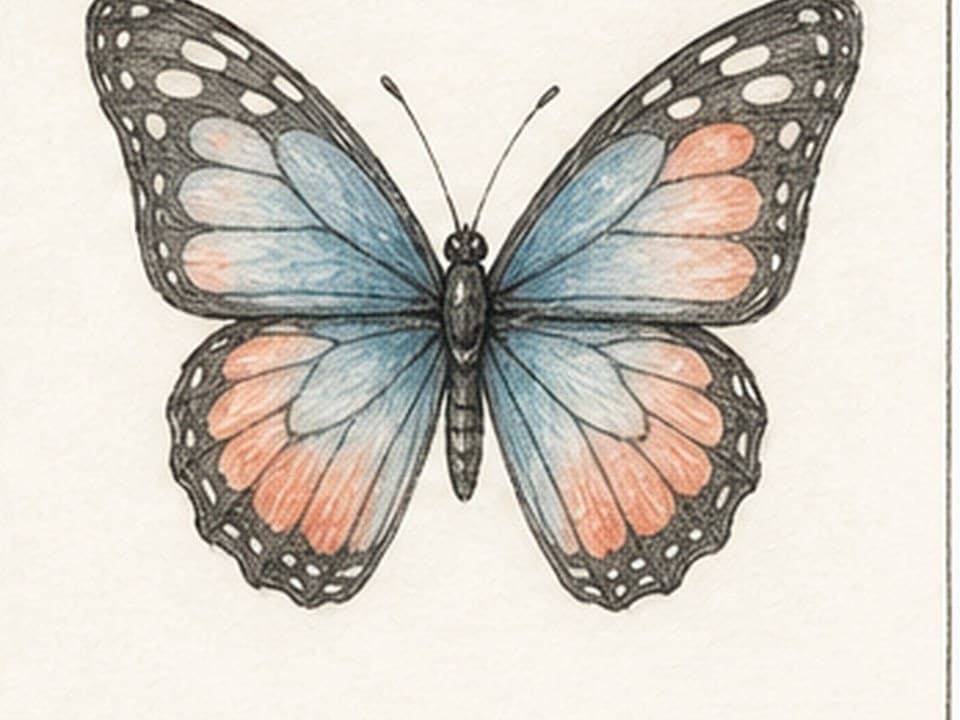 Watercolor reference of a front-facing butterfly with black scalloped wing borders, blue lower fields, coral patches, pale spots, slender body, and antennae