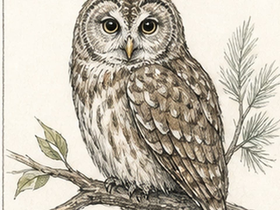 Graphite-and-watercolor reference of a front-facing mottled owl perched on a diagonal branch with round gold eyes, hooked beak, layered wing feathers, and pine sprig