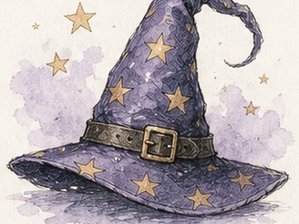 Purple watercolor reference of a floppy wizard hat with wide bent brim, buckled black band, curled pointed crown, gold stars, and violet background splashes