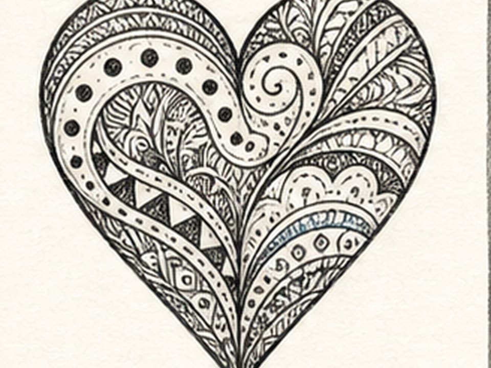Black-ink reference of a large symmetrical heart subdivided into flowing bands filled with spirals, scallops, dots, leaf forms, grids, stripes, and fine zentangle patterns